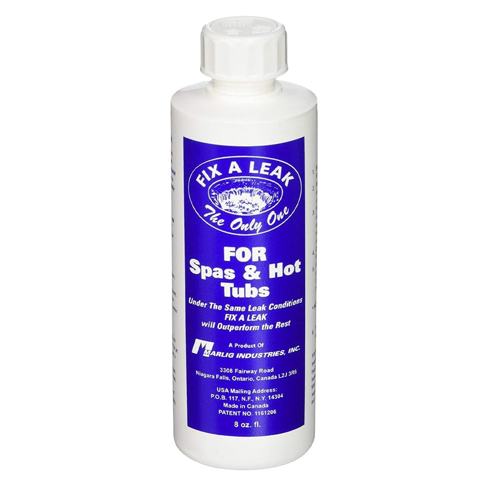 Marlig Industries Fix A Leak 8 oz bottle ready for pool leak sealing.