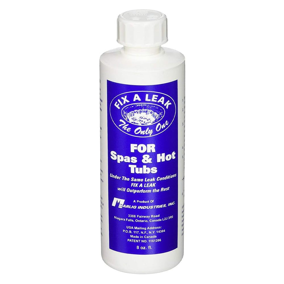 Marlig Industries Fix A Leak 8 oz bottle ready for pool leak sealing.