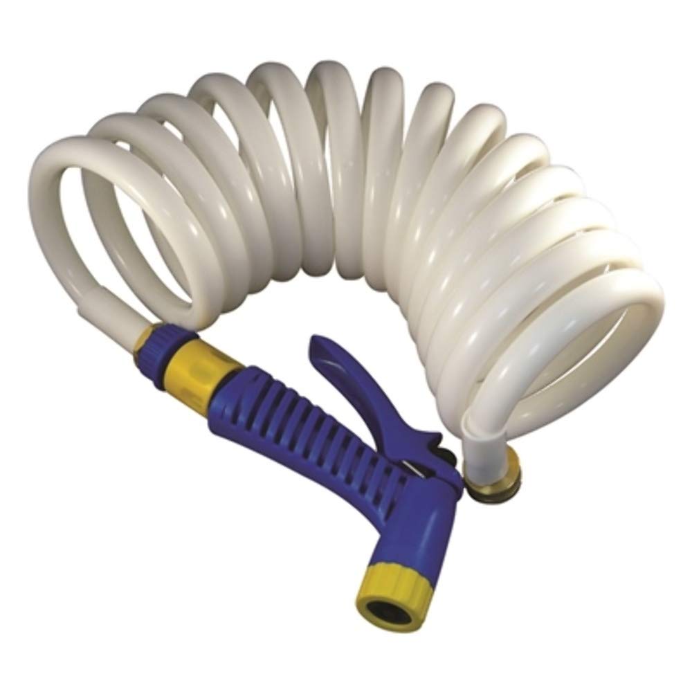 Marpac New Marine coiled washdown hose with nozzle, 12x15, resists kinking for easy cleaning.