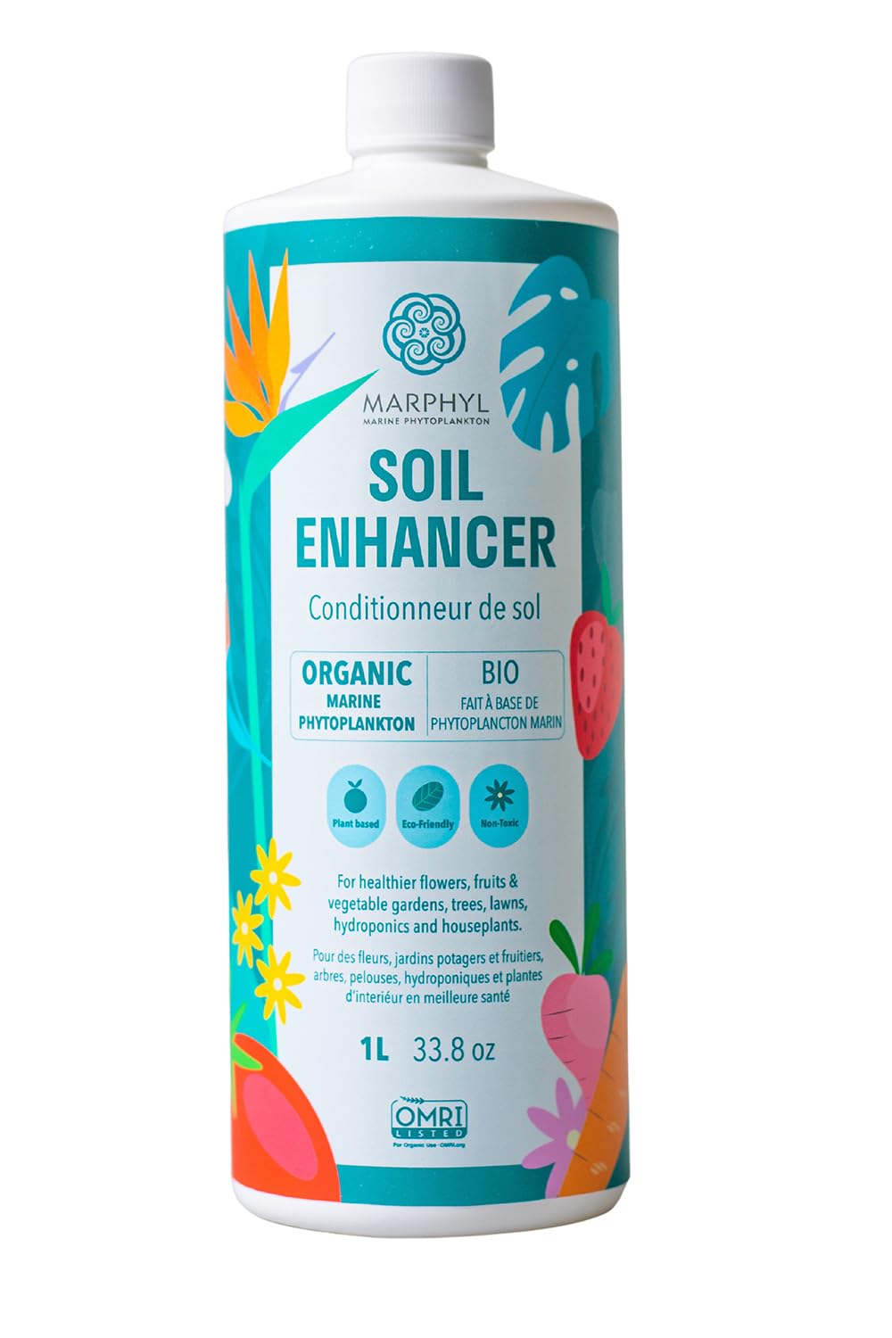MARPHYL All-Purpose Plant Food bottle label highlighting organic nutrients for steady growth.