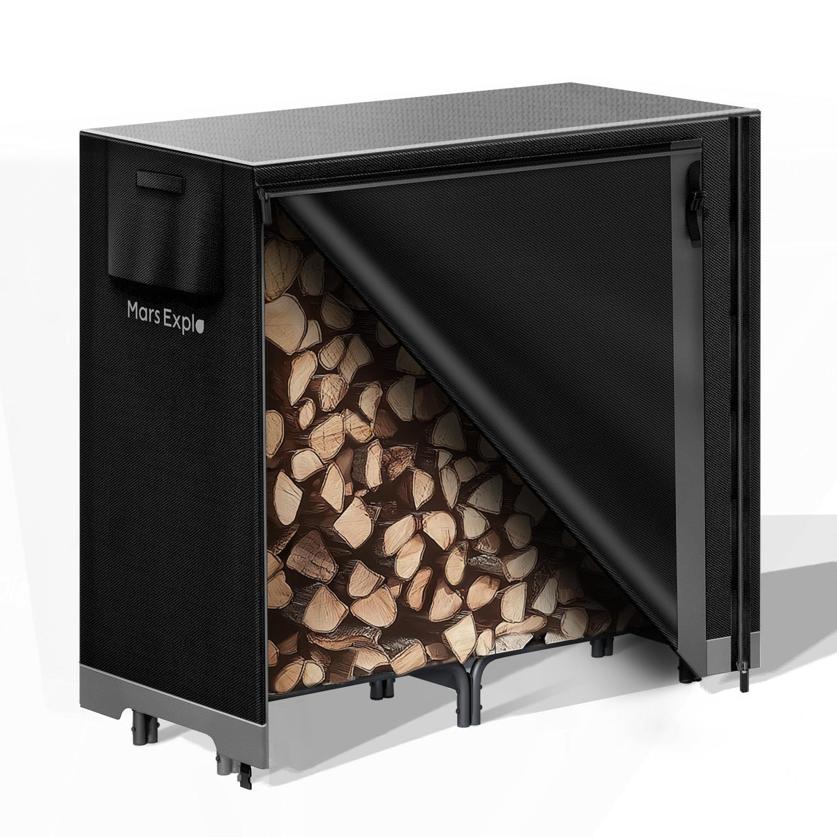 Mars Explo 4ft firewood rack demonstrates sturdy outdoor storage for logs.