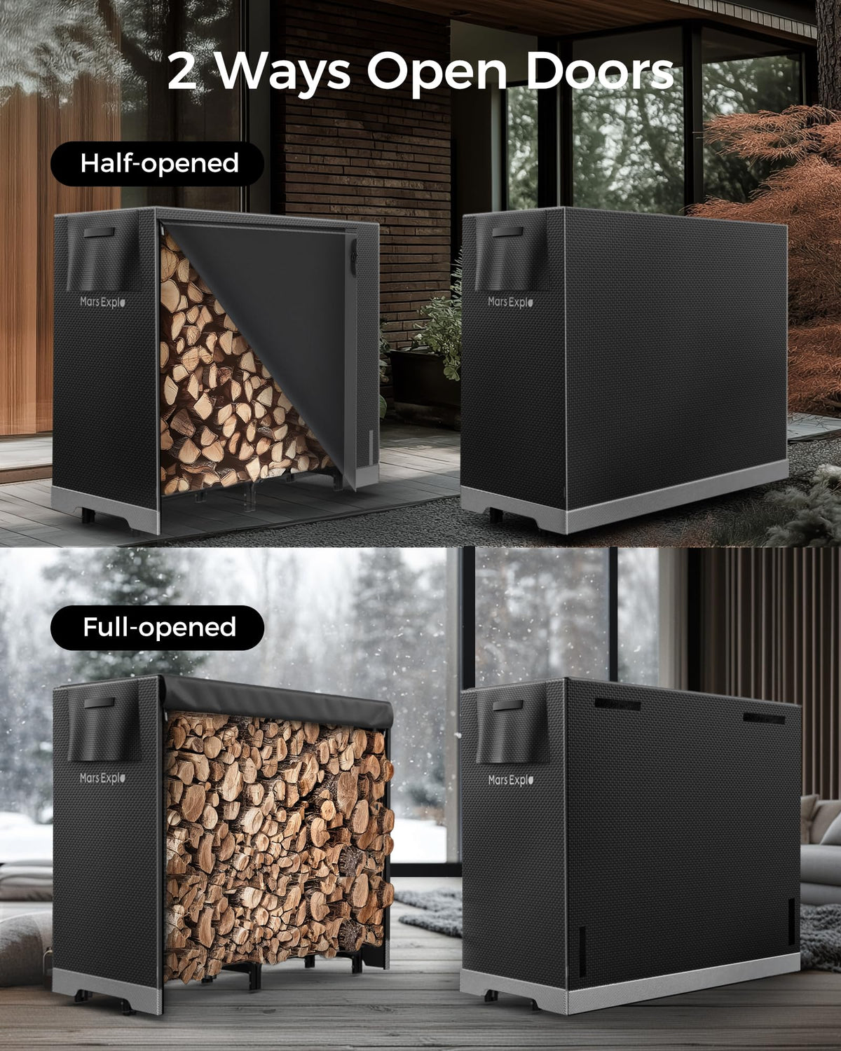 Mars Explo ventilated firewood shelves keeping wood dry and stackable.