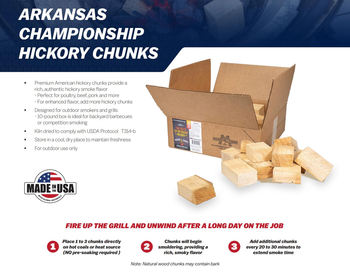 Marshalltown hickory chunks on grill release fragrant smoke for poultry and pork