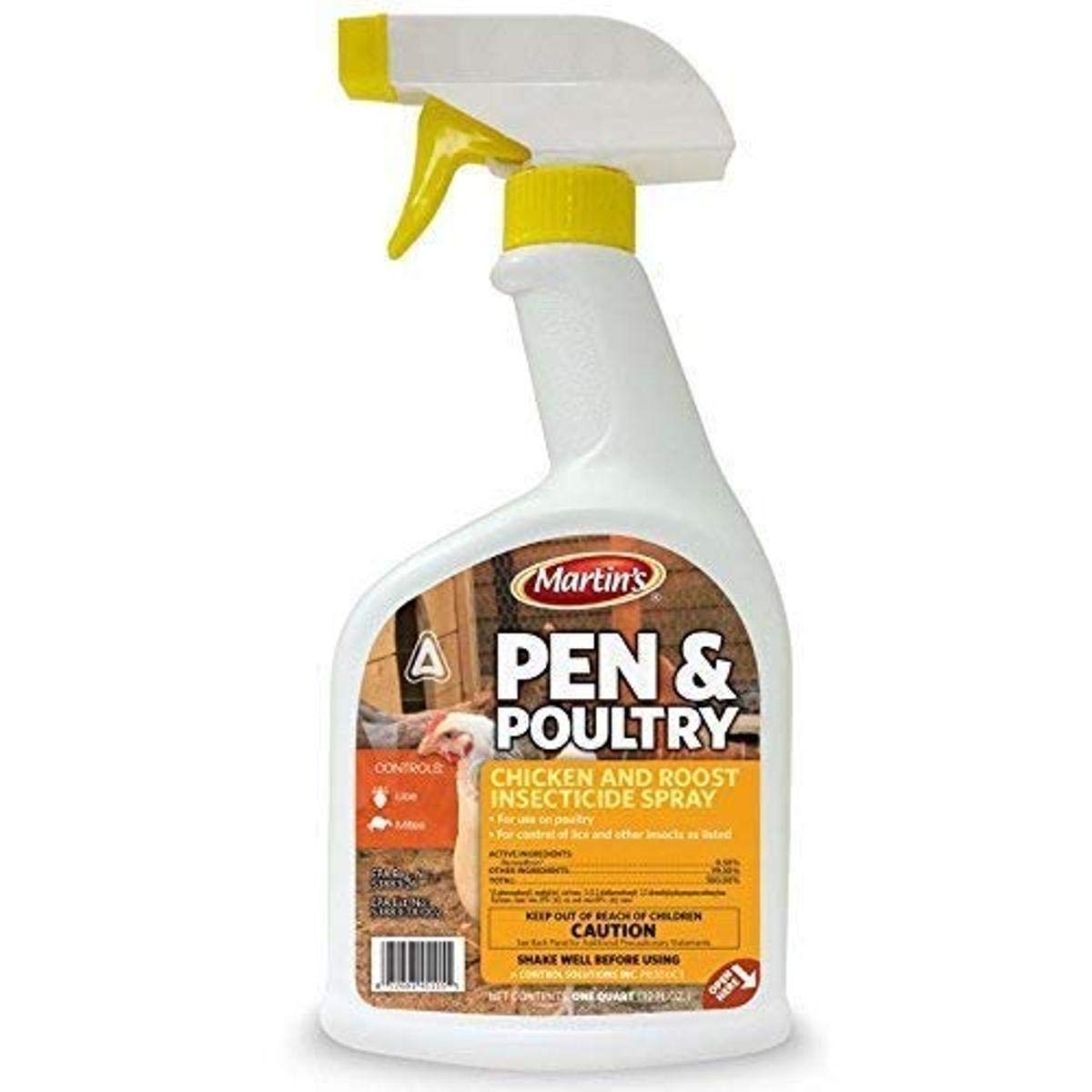 Martin's Pen Poultry Insecticide Spray in a white bottle; helps control lice and mites in poultry housing.