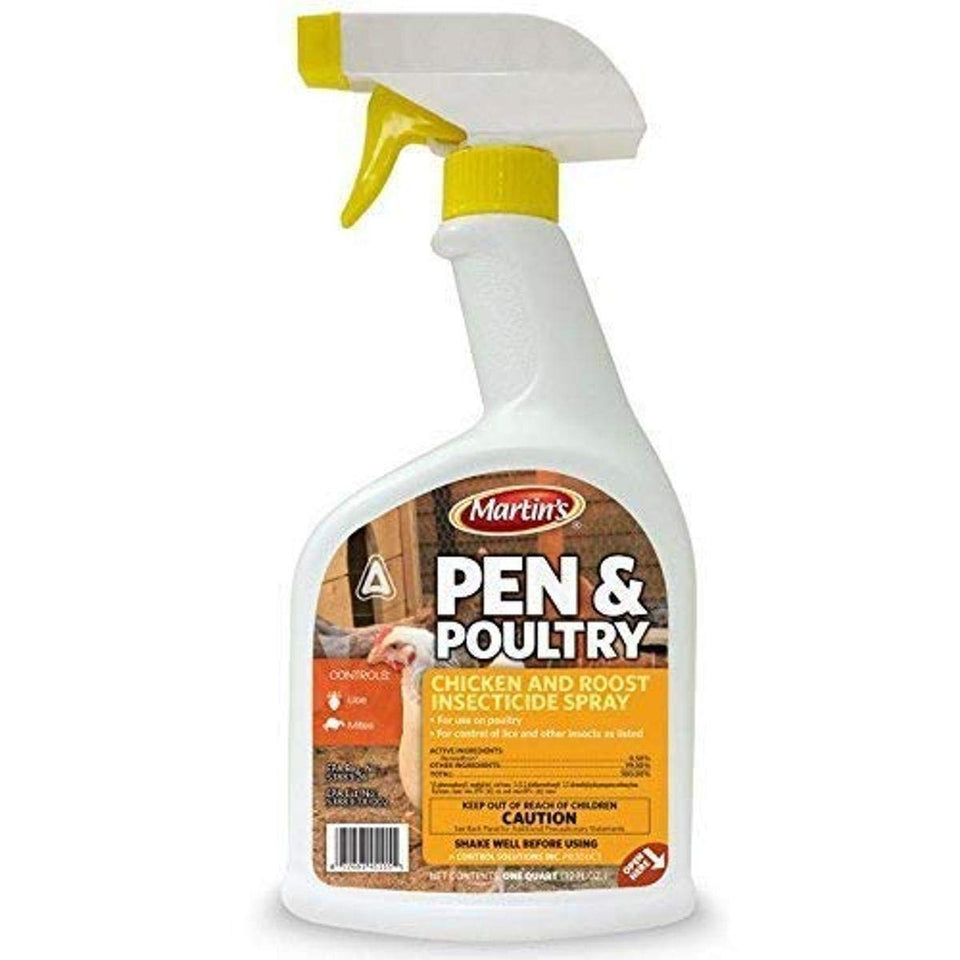 Martin's Pen Poultry Insecticide Spray in a white bottle; helps control lice and mites in poultry housing.