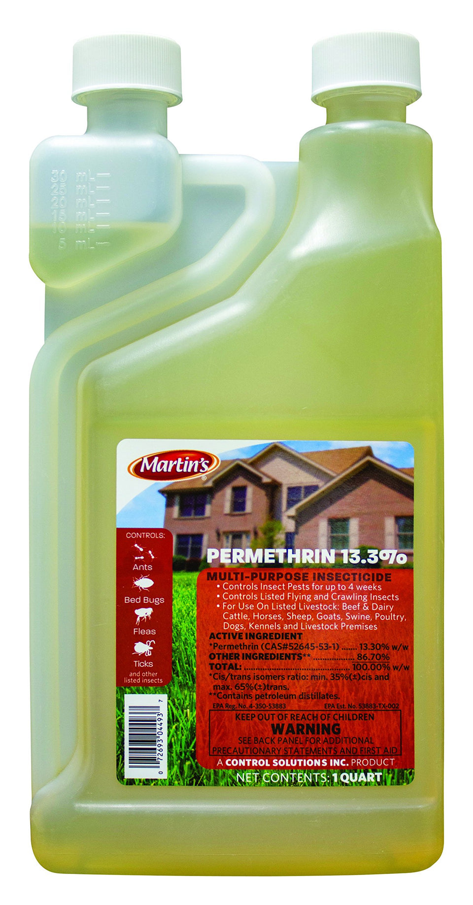 Martin's 32-oz permethrin concentrate bottle for indoor and outdoor pest control in homes and farms