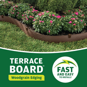 Wood-grain terrace board edging in brown blends with garden paths and beds