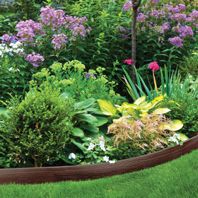 Mulch retention edging in brown helps separate mulch from soil