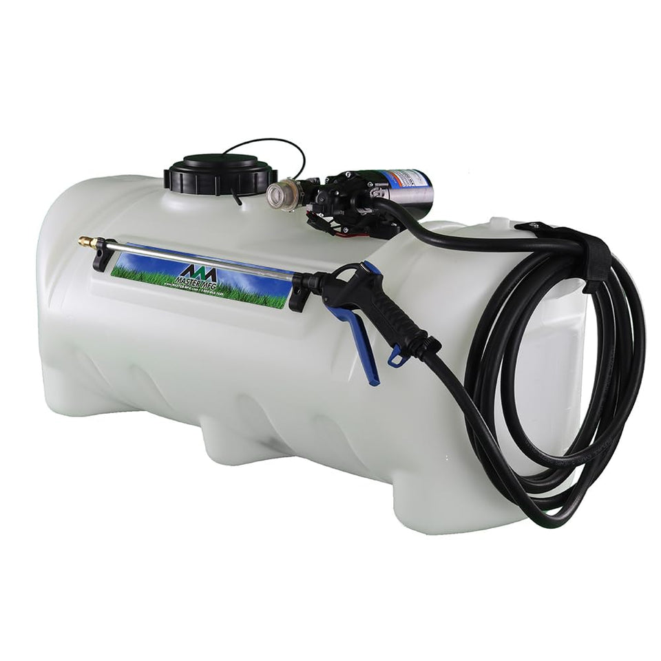 Master Mfg 25-Gallon Deluxe Spot Sprayer side view for easy mounting on ATVs