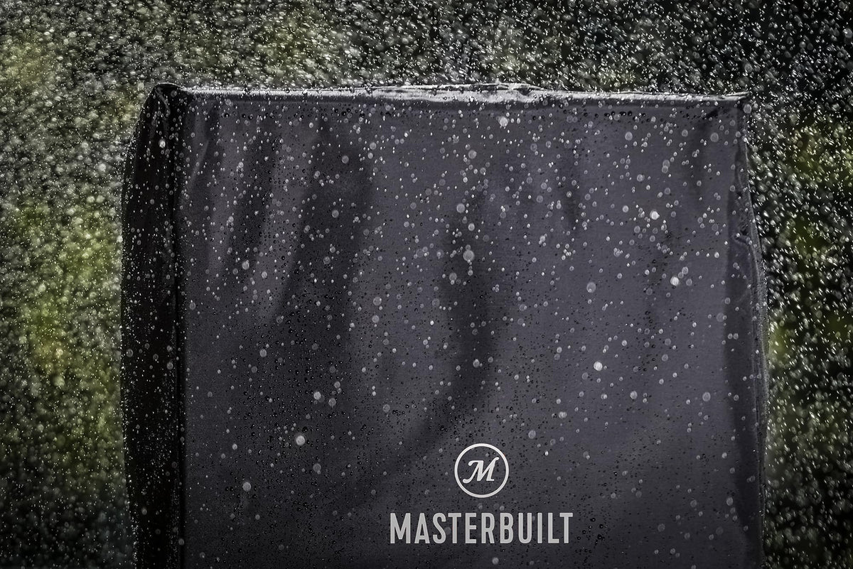 Masterbuilt 40-inch vertical smoker cover, back view, prevents cracking in cold weather.