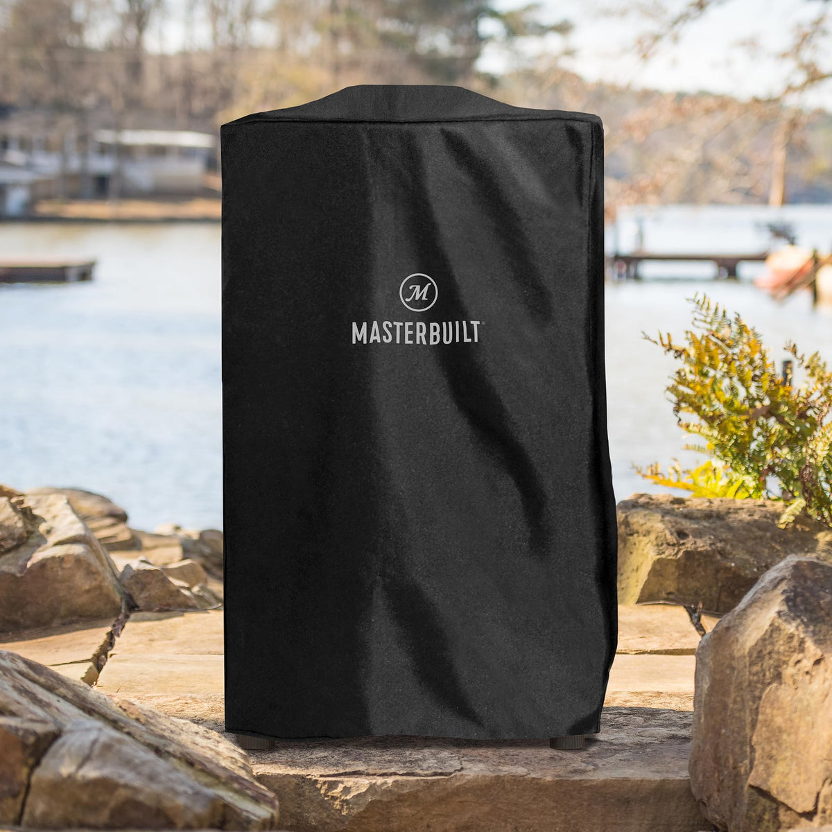 Masterbuilt 40-inch vertical smoker cover, side view, weather resistance for outdoor use.
