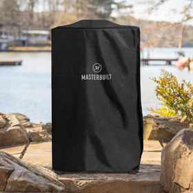 Masterbuilt 40-inch vertical smoker cover, side view, weather resistance for outdoor use.