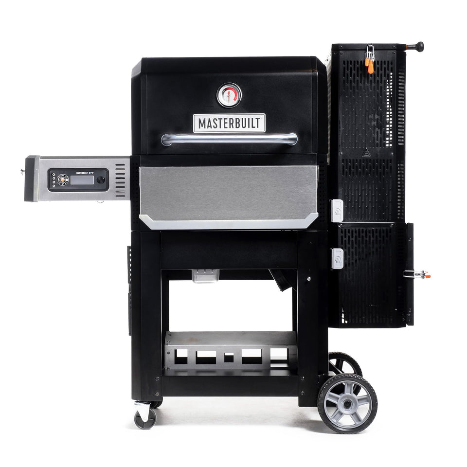 Masterbuilt Gravity 800 smoker grill front view showing dual cooking surfaces
