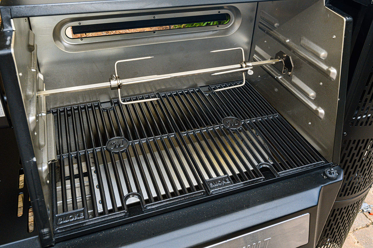 Masterbuilt gravity power source powers the rotisserie for consistent cooking.