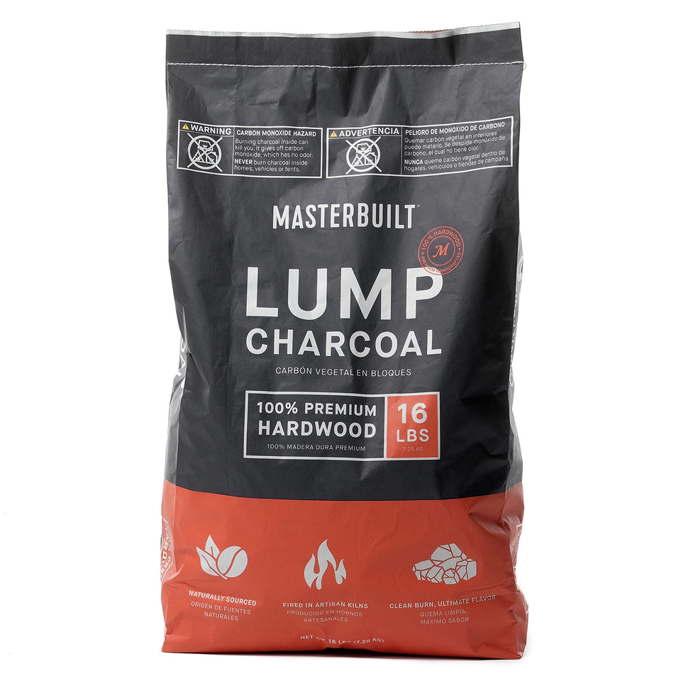 Masterbuilt lump charcoal bag front view for versatile low- and high-heat grilling.