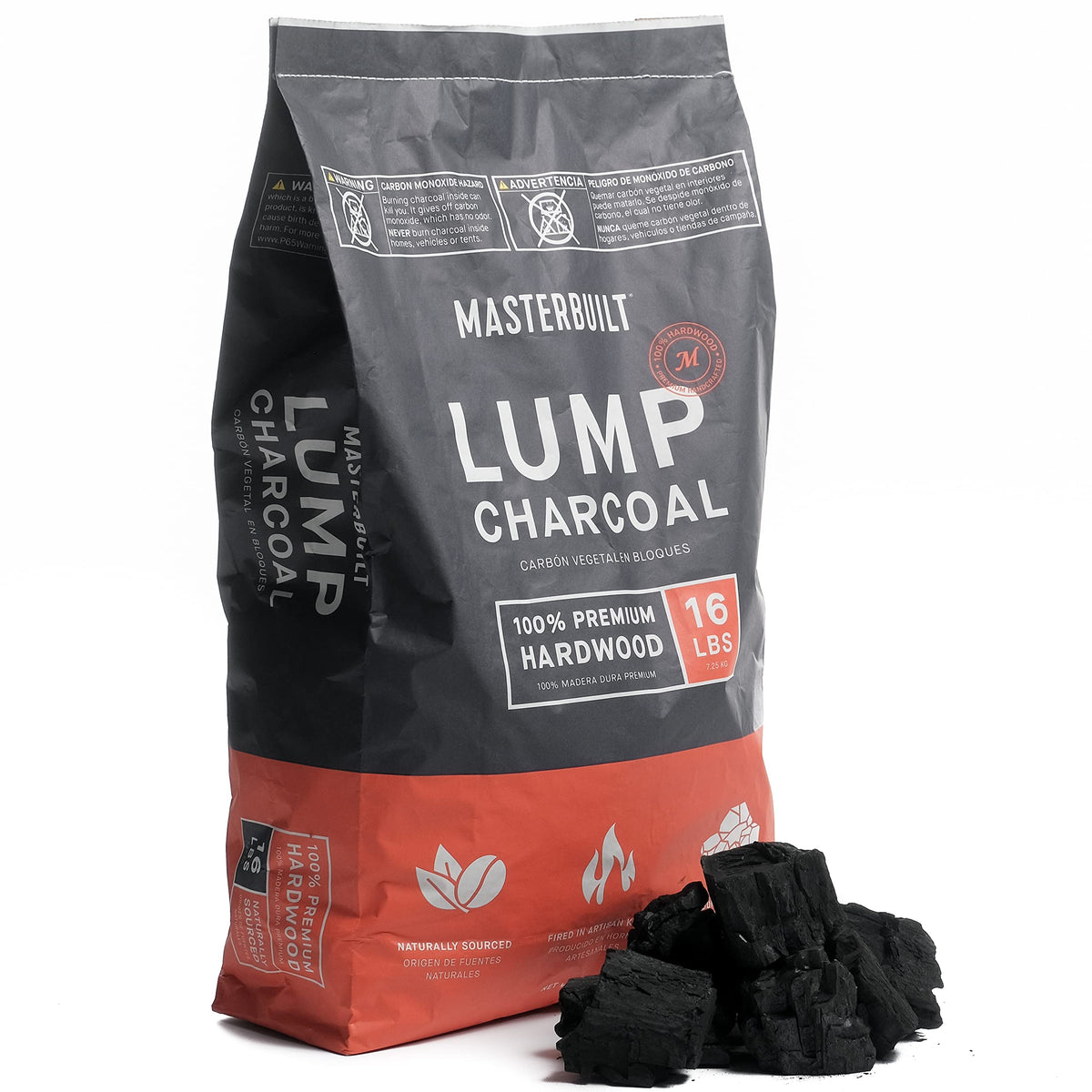 Masterbuilt lump charcoal pieces close-up highlighting clean burn and steady heat.
