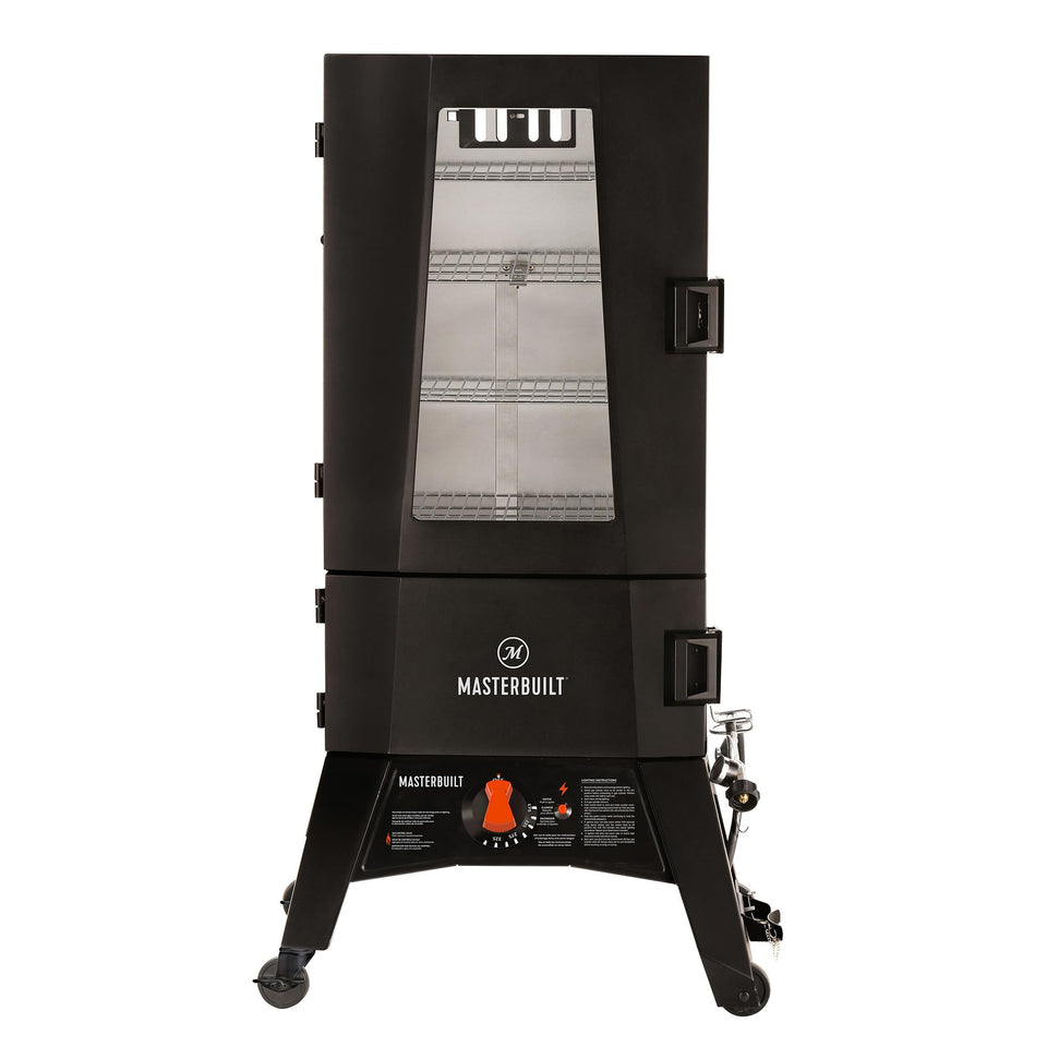 Masterbuilt ThermoTemp smoker ignition button powers quick startup.