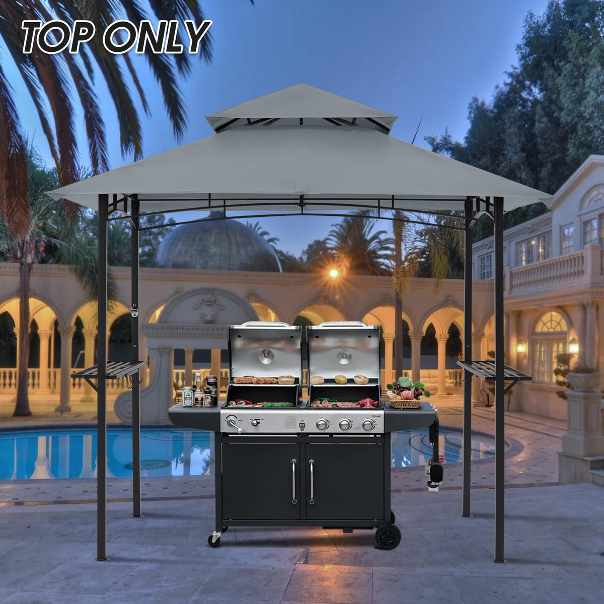 MasterCanopy outdoor dining setup with gray canopy provides shade