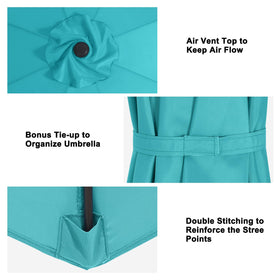 Mastercanopy turquoise canopy demonstrates UV protection and heat reduction benefits.