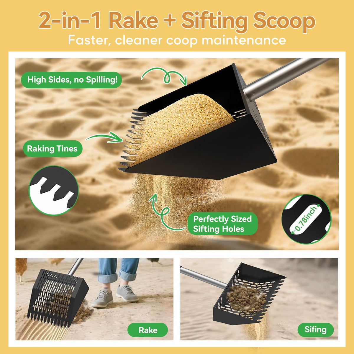 MASTERFUN adjustable-handle extended to reach under roosts for thorough cleaning.