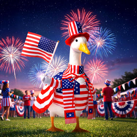 Mastom Independence Day goose attire with elastic hat strap.