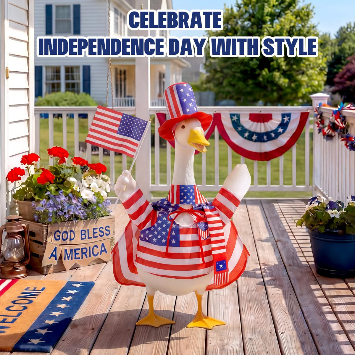 Mastom Memorial Day patio decor goose outfit with cape and flags.