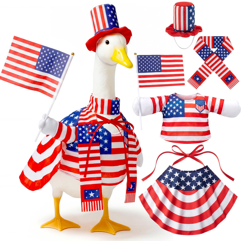 Mastom porch goose outfit with flag and top hat for festive outdoor decor.