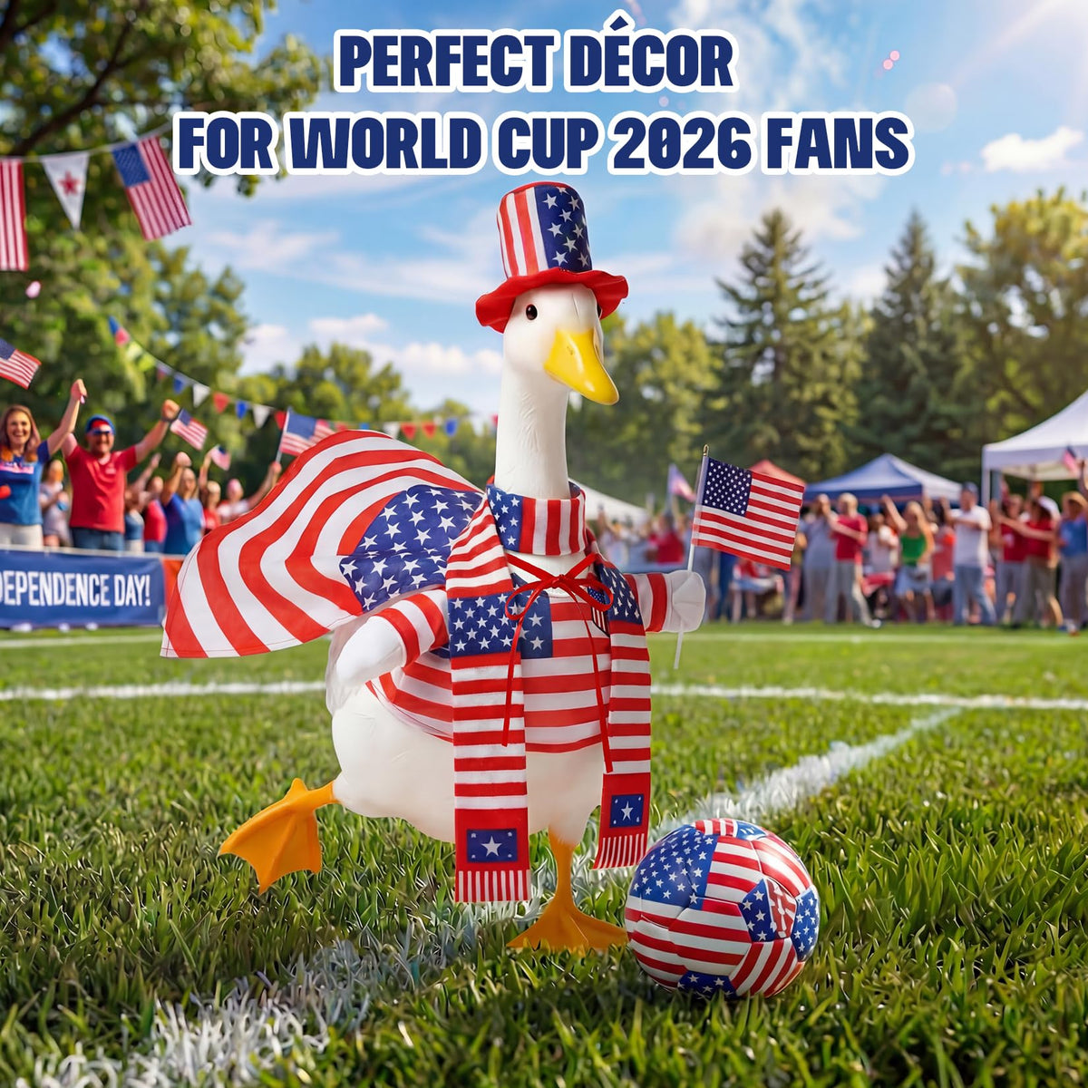 Mastom 4th of July goose attire fits 23-inch statues securely.