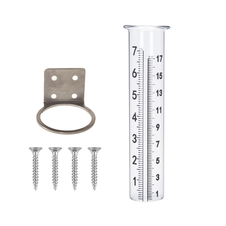 Mateda 7-inch rain gauge front view with durable mounting design for yard monitoring.