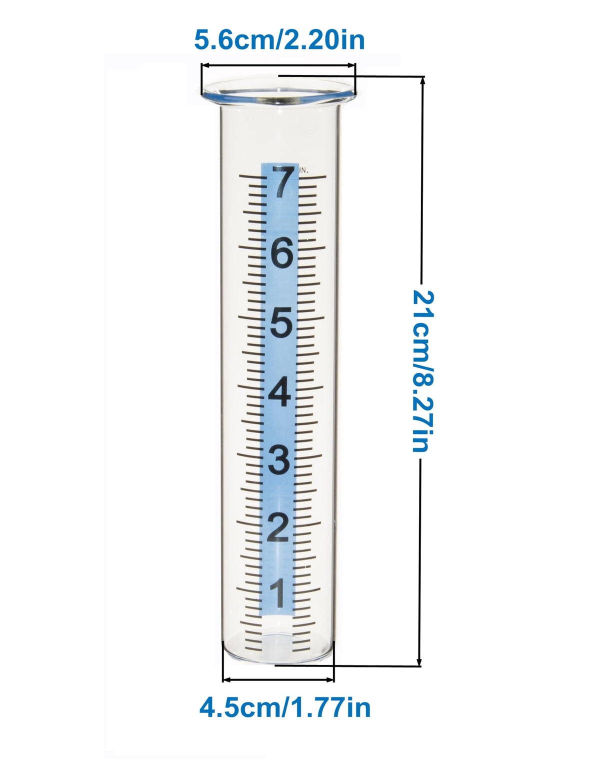 Mateda glass rain gauge tube close-up showing clear glass and blue readability strip.