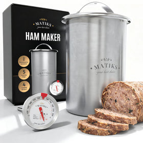 Matiks deli meat press mold side view showing compact stainless steel build for easy storage
