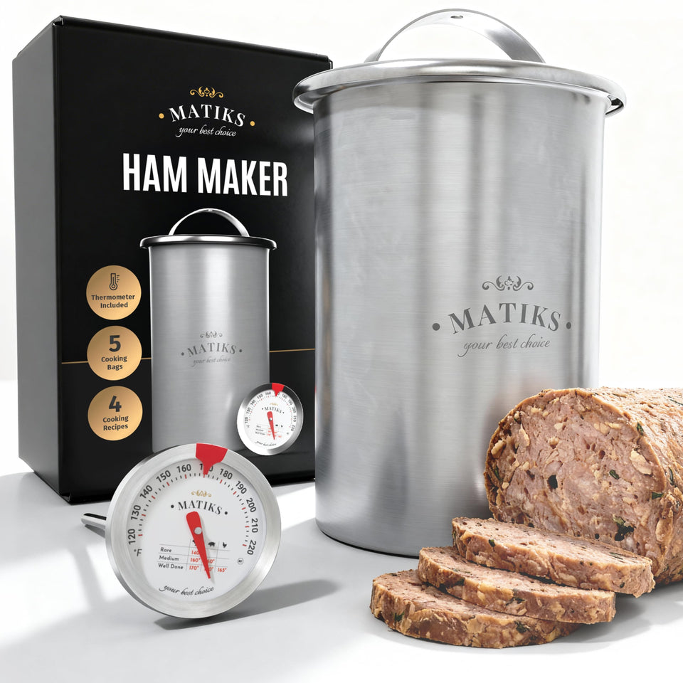 Matiks deli meat press mold side view showing compact stainless steel build for easy storage