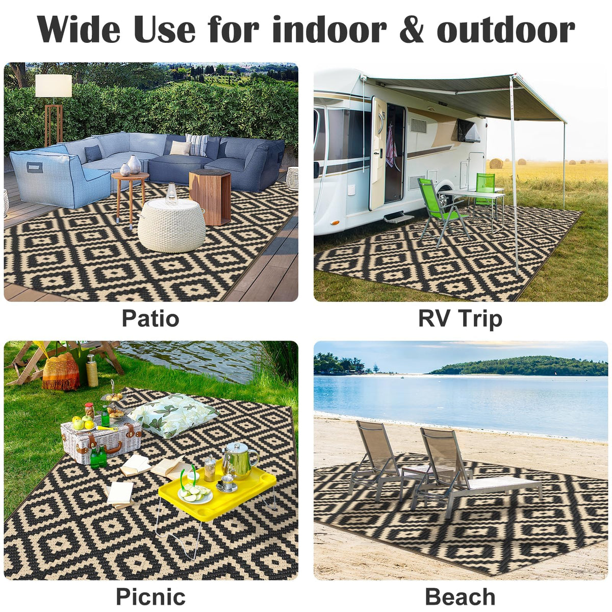Mattitude black and beige dual-pattern rug complements furniture and outdoor spaces.