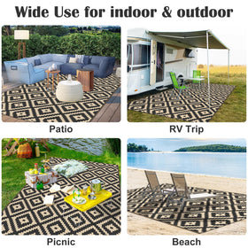 Mattitude black and beige dual-pattern rug complements furniture and outdoor spaces.