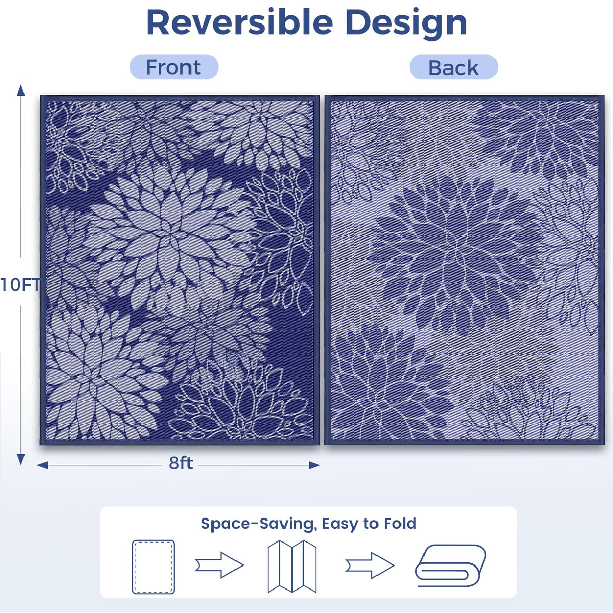 Mattitude outdoor rug with navy floral design enhances patios and decks.