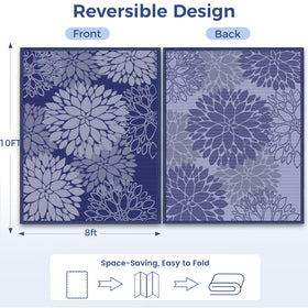 Mattitude outdoor rug with navy floral design enhances patios and decks.