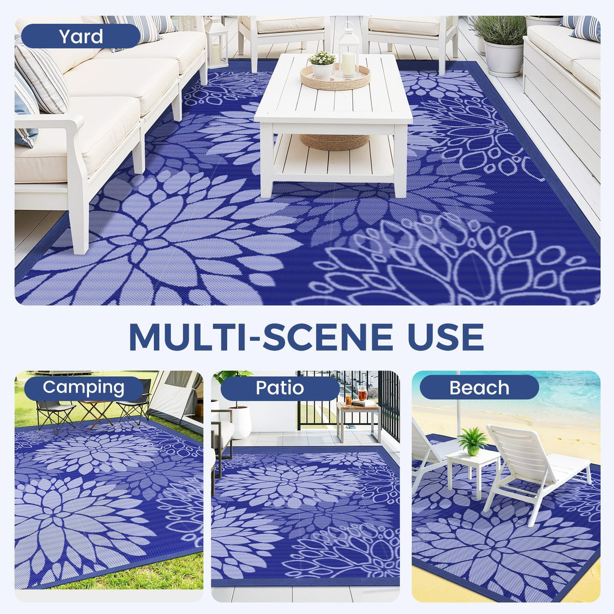 Blue and white Mattitude rug beside a pool, highlighting UV durability.