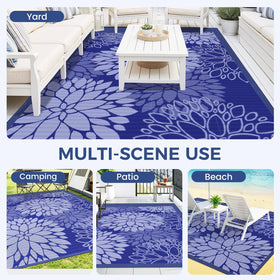 Blue and white Mattitude rug beside a pool, highlighting UV durability.