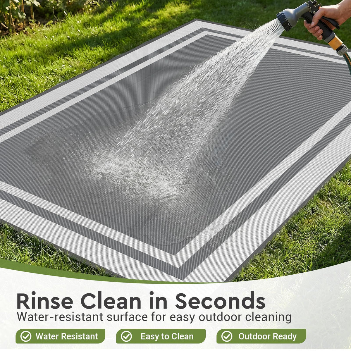 Mattitude rug cleans easily by shaking, wiping, or hose washing