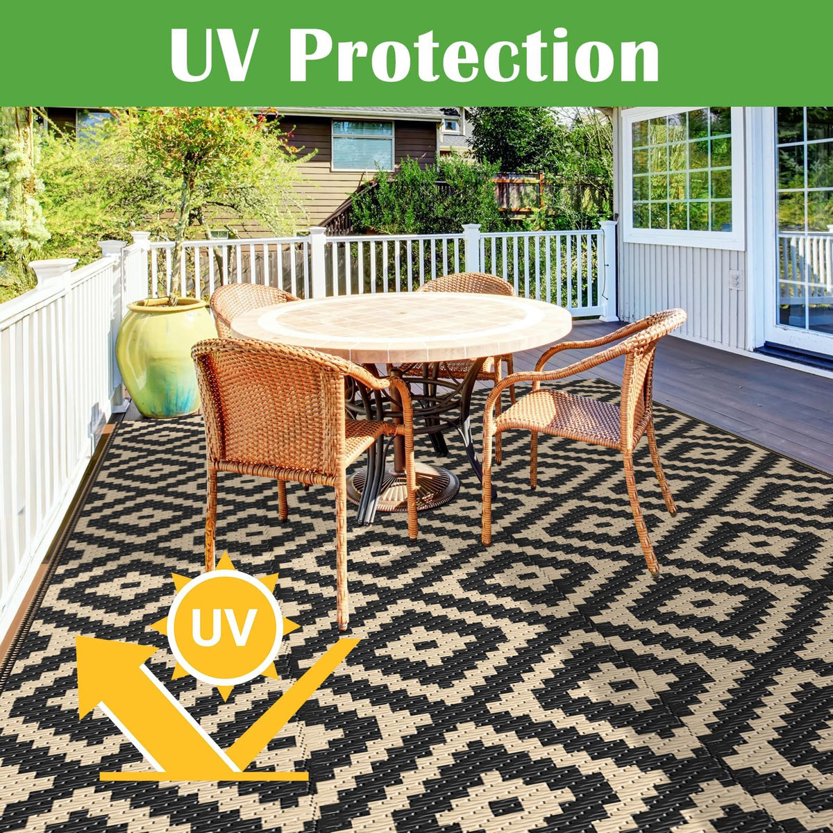 Mattitude waterproof stain-resistant outdoor rug simplifies cleaning after outdoor meals.