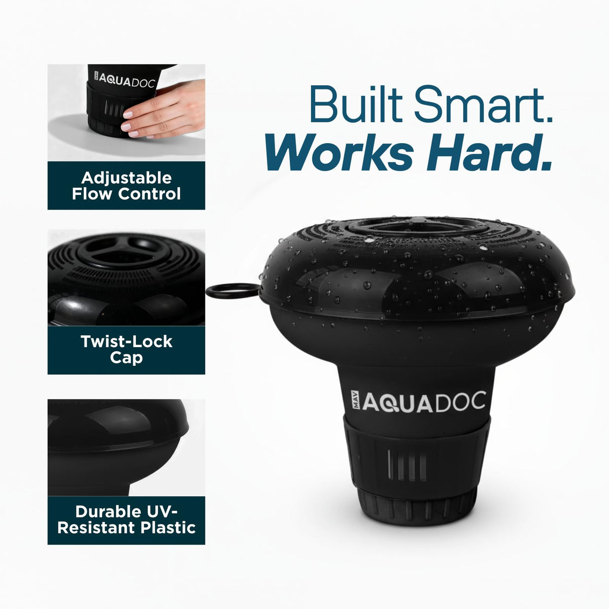 MAV AquaDoc adjustable-flow floater demonstrates customizable dissolution for balanced sanitization.
