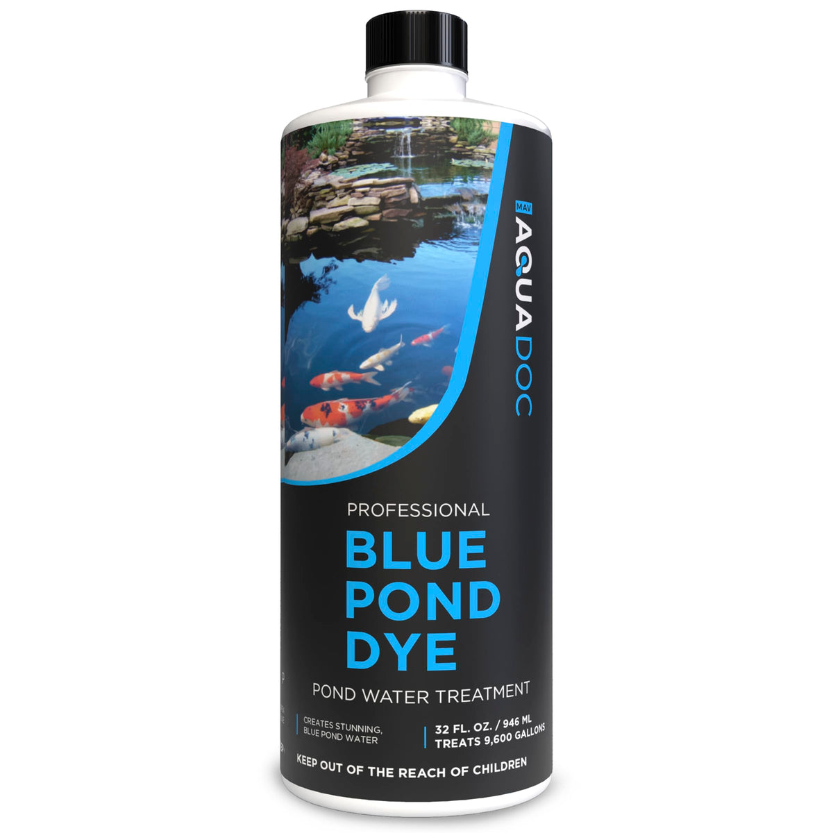 MAV AquaDoc Blue Pond Dye bottle creates a natural blue hue for koi ponds.