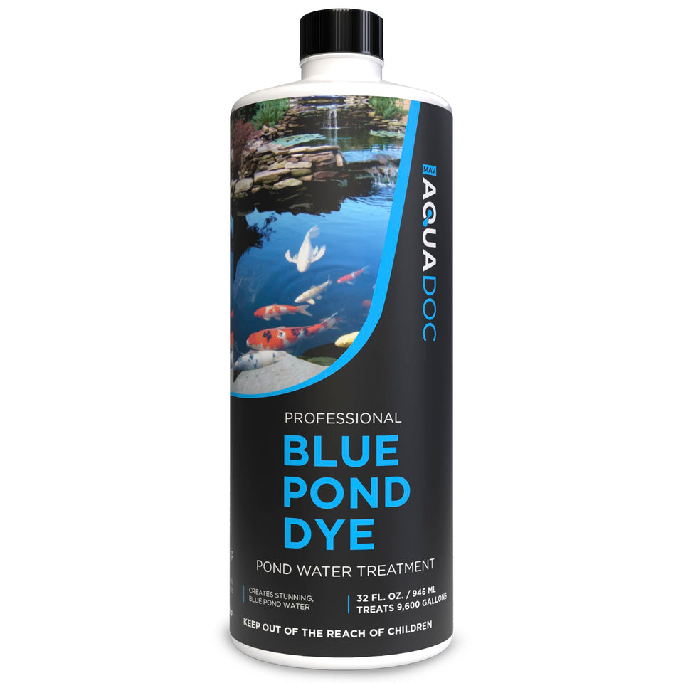 MAV AquaDoc Blue Pond Dye bottle creates a natural blue hue for koi ponds.