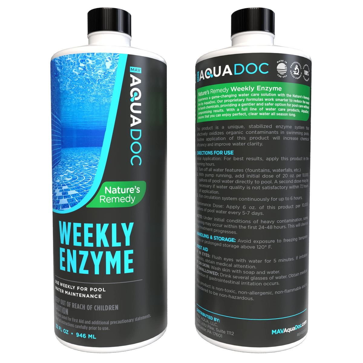 MAV AquaDoc bottle close-up with label to reinforce trusted, USA-made pool chemicals.