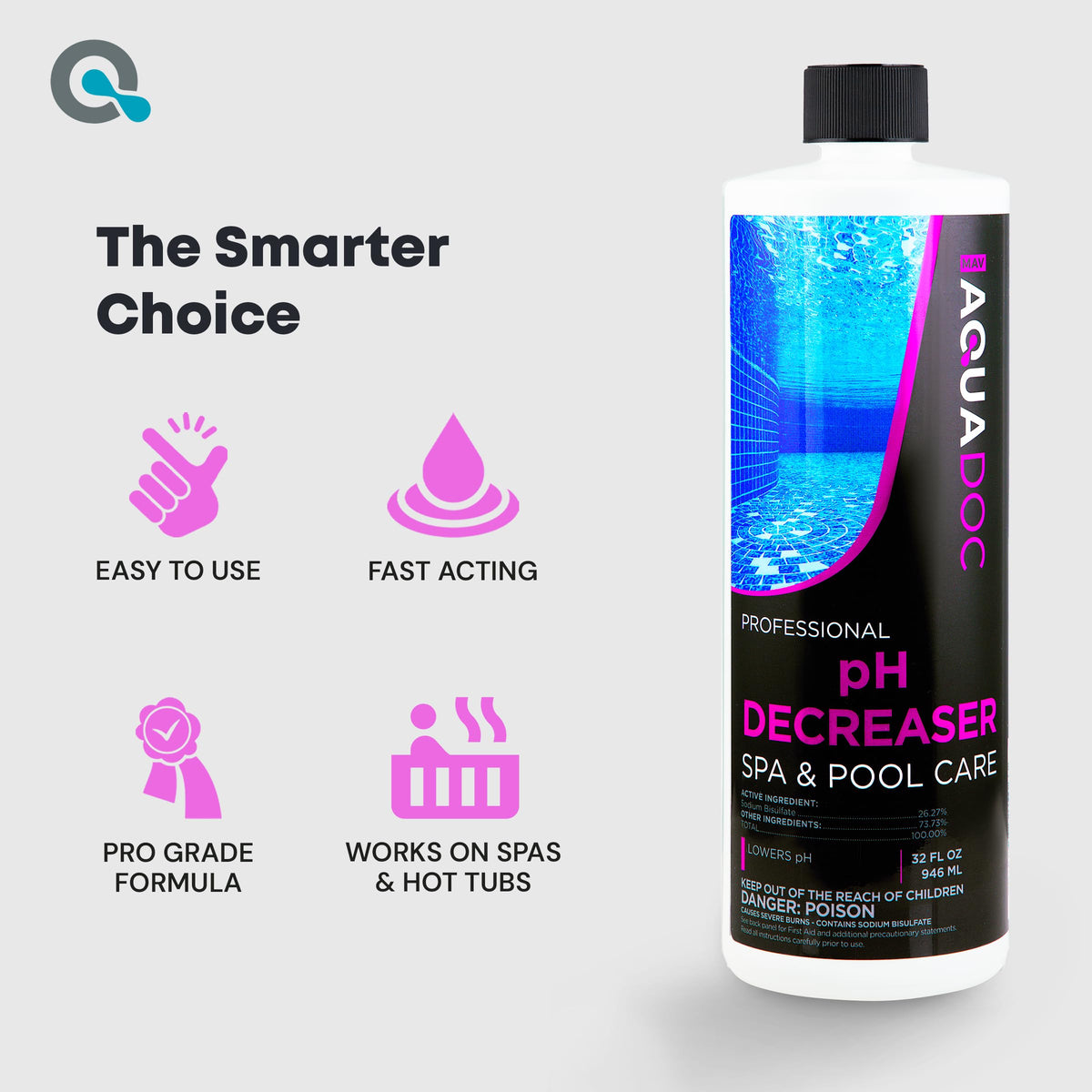 Bottle label detail from MAV AquaDoc spa pH Decreaser with dosage guidance.