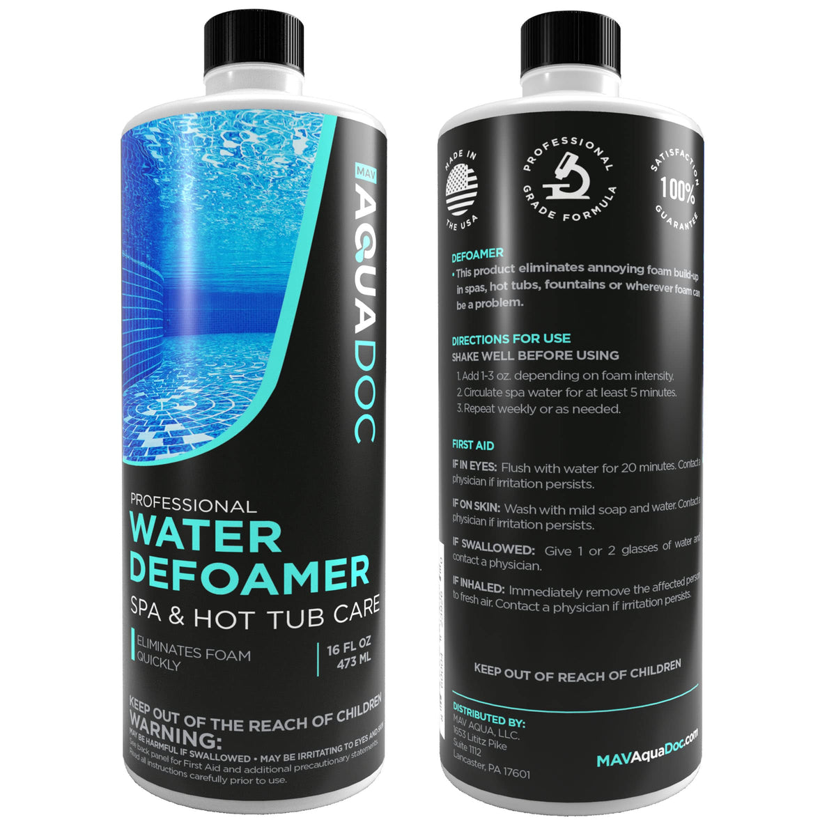 MAV AquaDoc bottle pictured with spa care accessories.