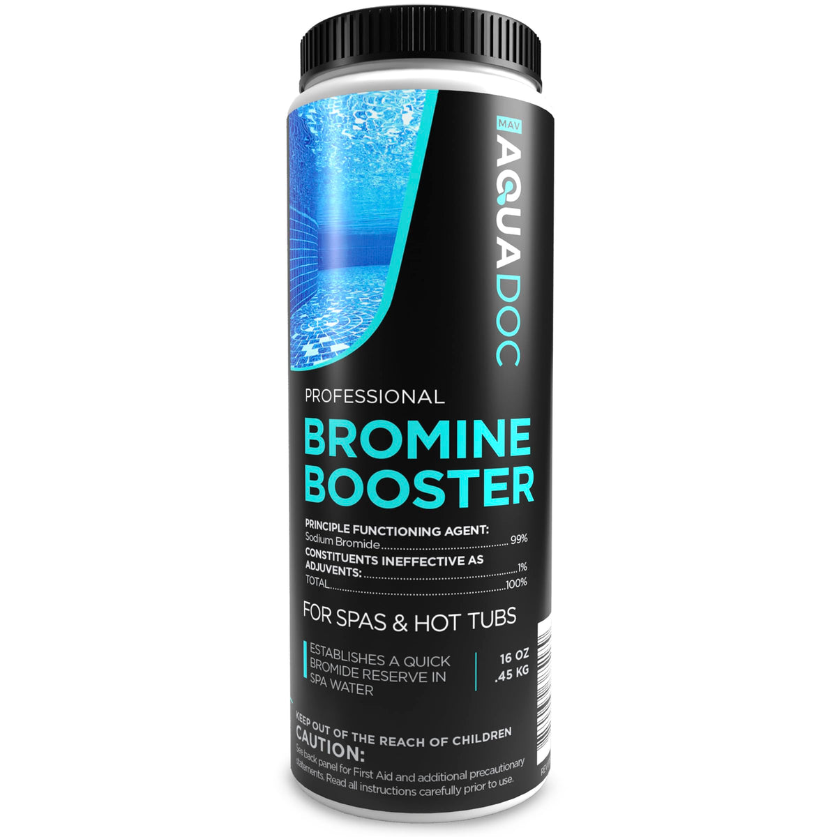 MAV AquaDoc Bromine Booster bottle demonstrating easy spa prep for bromide reserve.