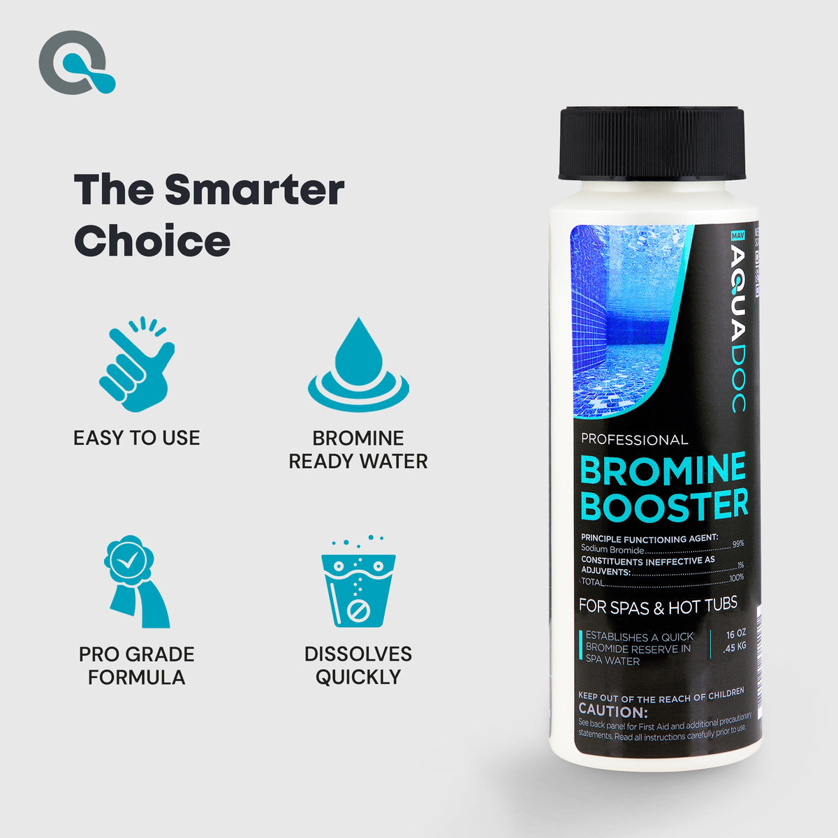 AquaDoc Bromine Booster label highlights USA-made quality and dosage steps.