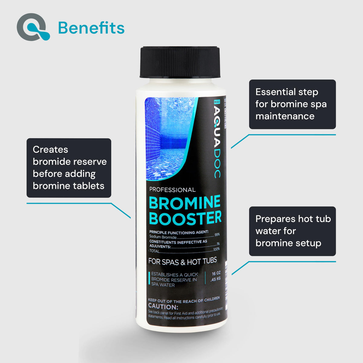 MAV AquaDoc booster in spa water illustrating bromide reserve setup before tablets.