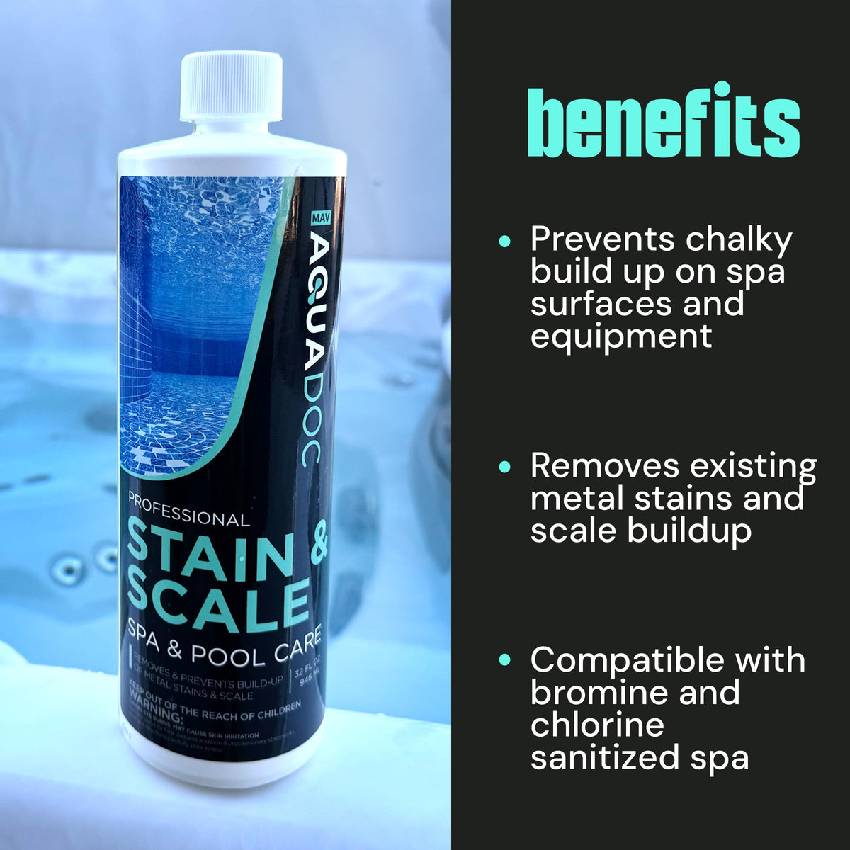 AquaDoc spa stain control with bromine and chlorine compatibility for sanitized spas.